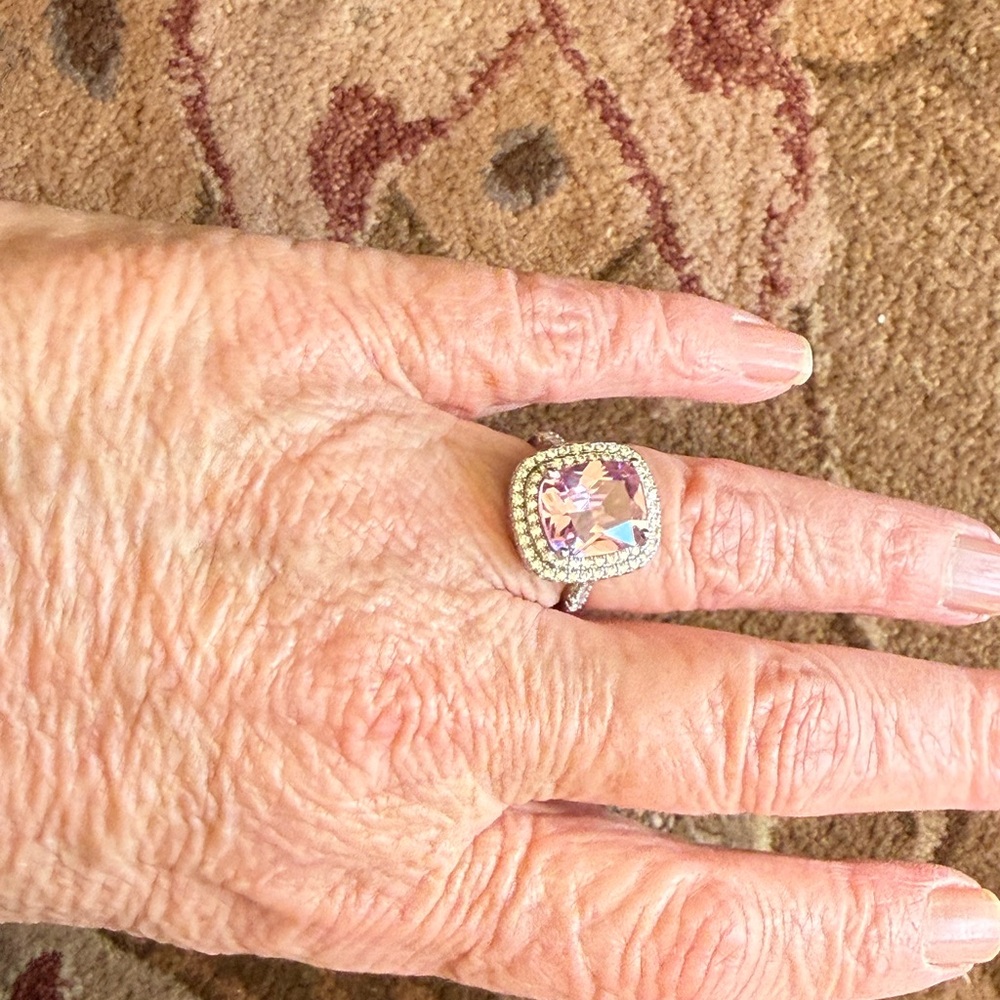 Sterling Silver Halo Ring with Pink Cushion-Cut Center